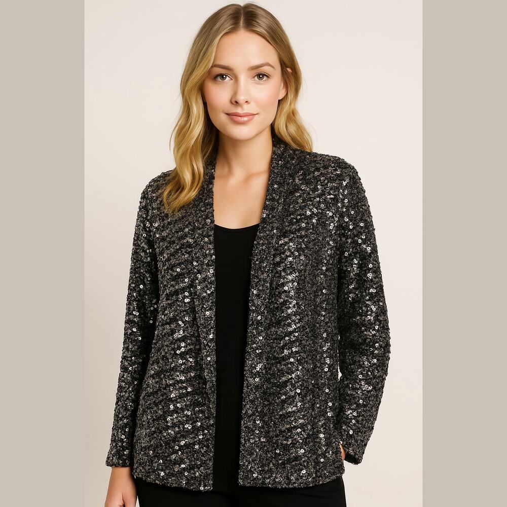 H&M Black Silver Sequin Oversize Textured Long Sleeve Open Front Lined Jacket M